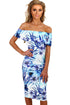 Sexy Blue and White Floral Bardot Bodycon Midi Dress